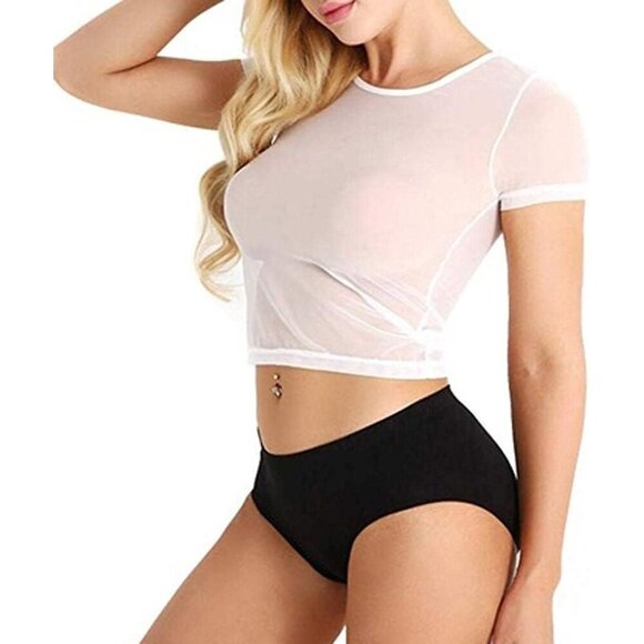 🆕 2021 Casual Sleepwear Women White Lace Lingerie Mesh Short Sleeve Crop Tops - Picture 2 of 5